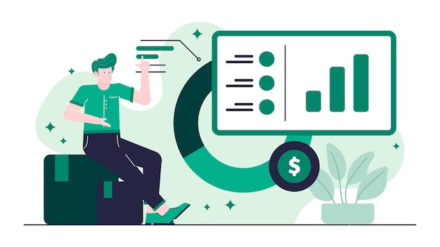 Un hombre de negocios hablando de aumento de negocios con gráficos y gráficos