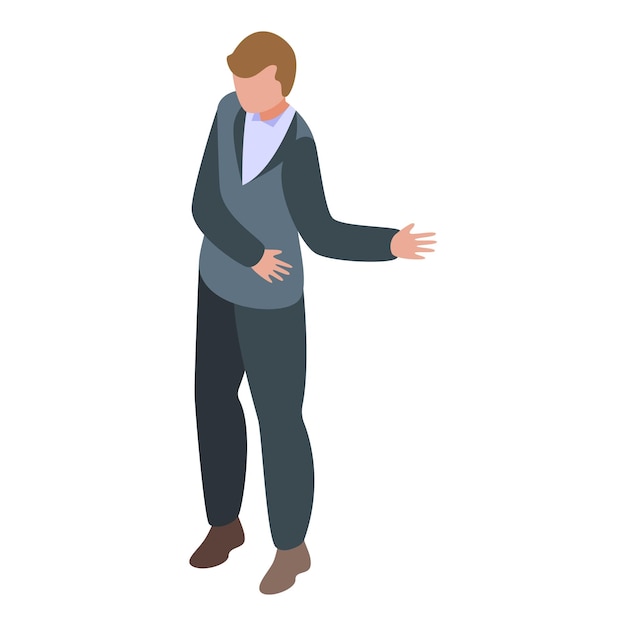 El hombre de negocios hace gestos con la mano como si estuviera presentando algo.