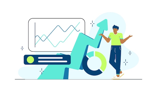 Un hombre de negocios haciendo una presentación sobre el crecimiento del negocio con gráficos y gráficos en un espacio de coworking moderno y creativo