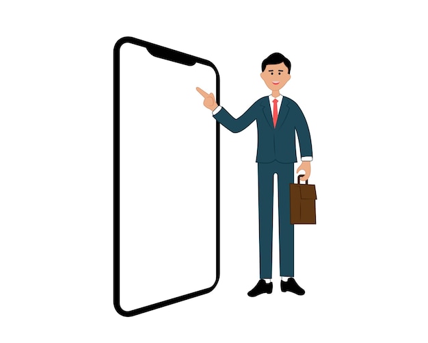 Vector hombre de negocios haciendo una presentación en un teléfono celular grande retrato de un hombre de negocios sonriente con un teléfono grande