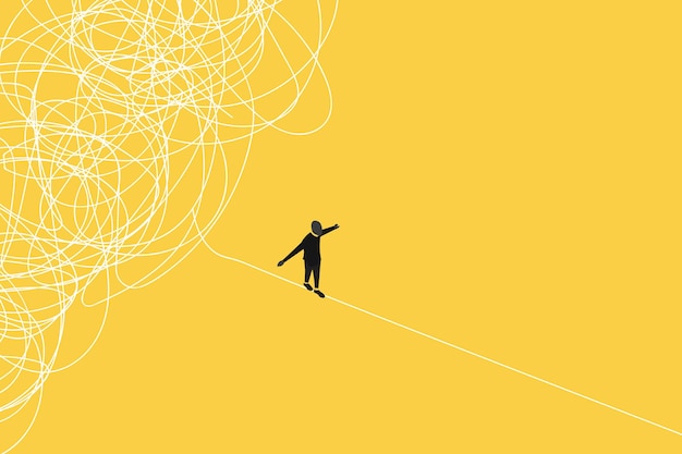 hombre de negocios huyendo del caos línea concepto de encontrar solución proceso de pensamiento