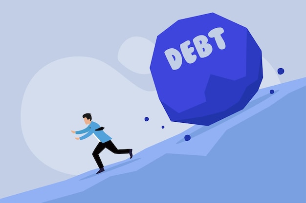 Hombre de negocios huyendo de la piedra grande con el texto DEBT