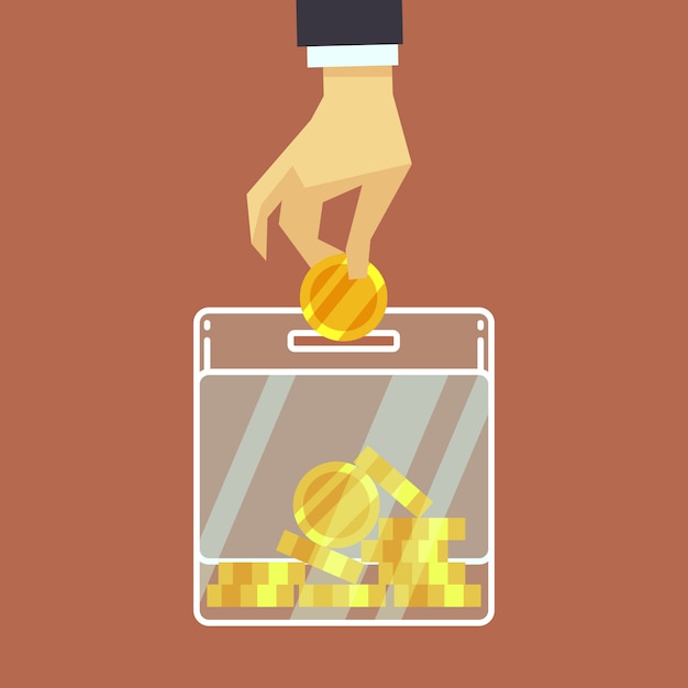 Hombre de negocios insertar moneda en la caja de donar. concepto de donación.
