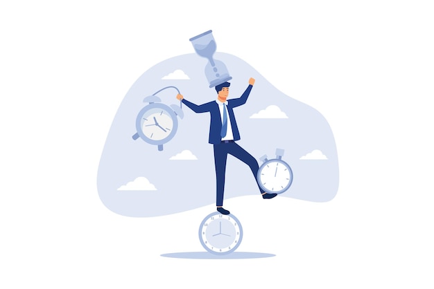 hombre de negocios inteligente equilibrando todas las piezas de tiempo reloj de arena reloj despertador temporizador de cuenta regresiva