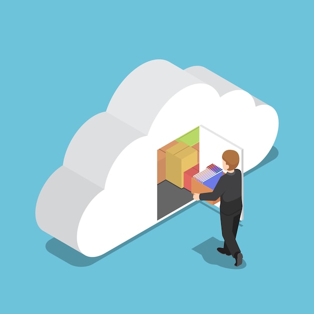 El hombre de negocios isométrico 3d plano guarda el archivo en la habitación en forma de nube. Concepto de computación en la nube.