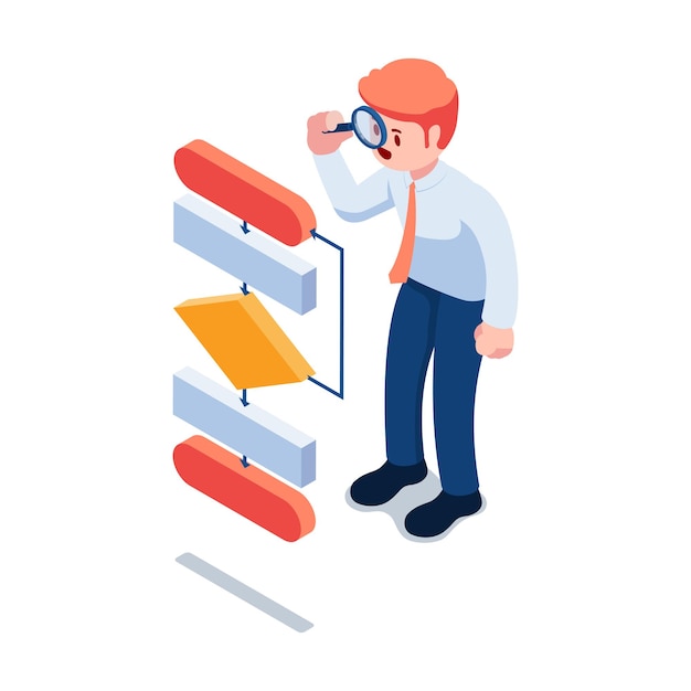 Hombre de negocios isométrico 3d plano mirando el diagrama de flujo a través de la lupa. análisis de negocio y concepto de flujo de trabajo.