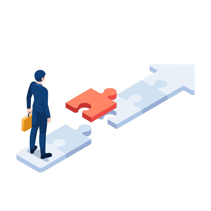 Vector hombre de negocios isométrico 3d plano que se coloca en la flecha del rompecabezas con la última pieza del rompecabezas. concepto de trayectoria profesional y solución empresarial.