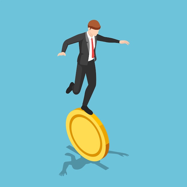 Hombre de negocios isométrico 3d plano que equilibra en moneda de oro. Riesgo financiero y concepto inestable.