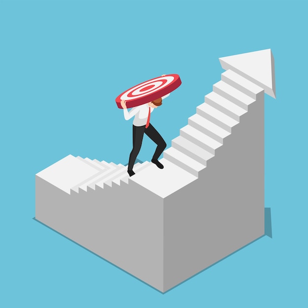 Hombre de negocios isométrico 3d plano que lleva el objetivo mientras sube hacia arriba en las escaleras. concepto de objetivo y desafío empresarial.