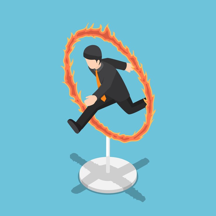 Vector hombre de negocios isométrico 3d plano saltando a través del aro de fuego. concepto de desafío y riesgo empresarial.
