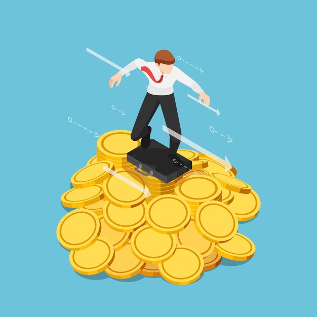 Hombre de negocios isométrico 3d plano usando la bolsa de negocios como una tabla de surf surfeando en la pila de monedas de oro. Concepto financiero.