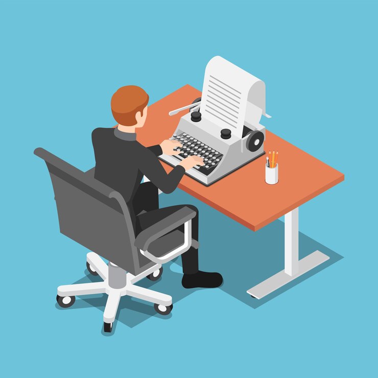 Vector hombre de negocios isométrico 3d plano usando la máquina de escribir. concepto de marketing de contenidos y escritor fantasma.