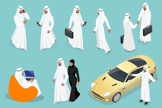 Hombre de negocios isométrico Arabia Saudita hombre y mujer diseño de personajes con diferentes poses, coche sobre fondo azul ilustración vectorial aislada. Hombre de negocios árabe en ropa musulmana nacional tradicional.