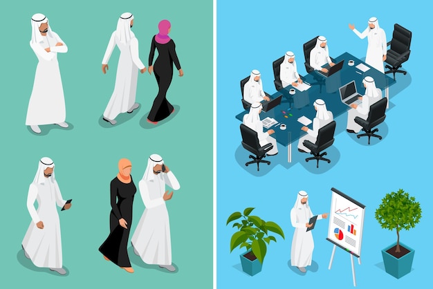 Hombre de negocios isométrico Arabia Saudita hombre y mujer diseño de personajes con diferentes poses, coche sobre fondo azul ilustración vectorial aislada. Hombre de negocios árabe en ropa musulmana nacional tradicional.