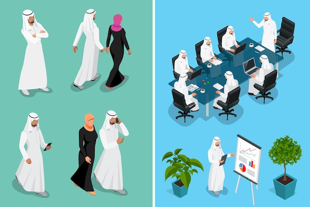 Hombre de negocios isométrico arabia saudita hombre y mujer diseño de personajes con diferentes poses, coche sobre fondo azul ilustración vectorial aislada. hombre de negocios árabe en ropa musulmana nacional tradicional.