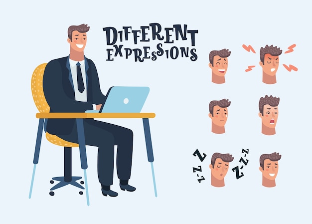 Hombre de negocios., Joven, retrato., Diferente, macho, avatar, expresiones, set., Creación de caracteres, conjunto, con, peinados, cara, emociones, lip sync, dice., Aislado, en, white., Para, animación y diseño, work., Plano