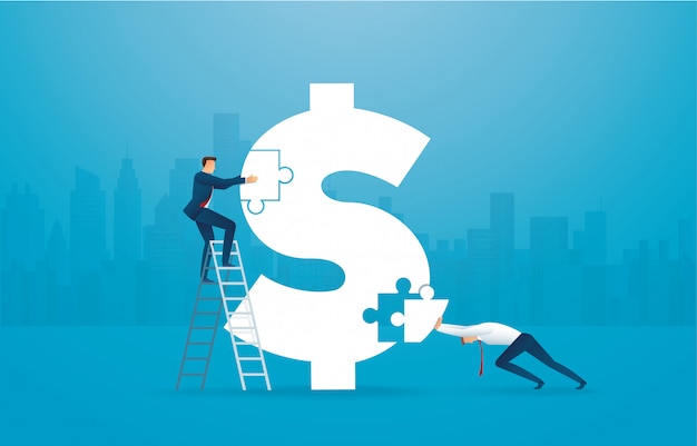 Hombre de negocios juntando el rompecabezas del icono del dólar