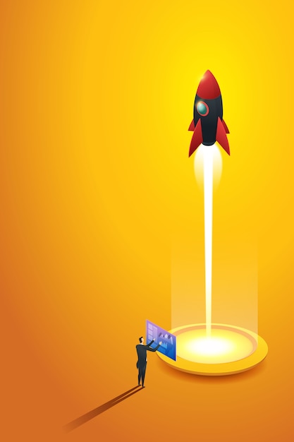 Hombre de negocios de lanzamiento lanzando un análisis de cohetes el crecimiento de su empresa. concepto isométrico ilustración