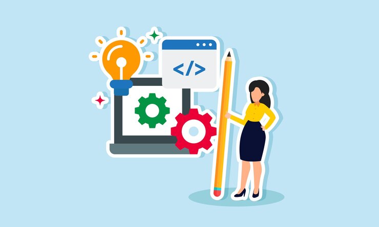 Vector un hombre de negocios con un lápiz corrigiendo y manteniendo programas en su portátil