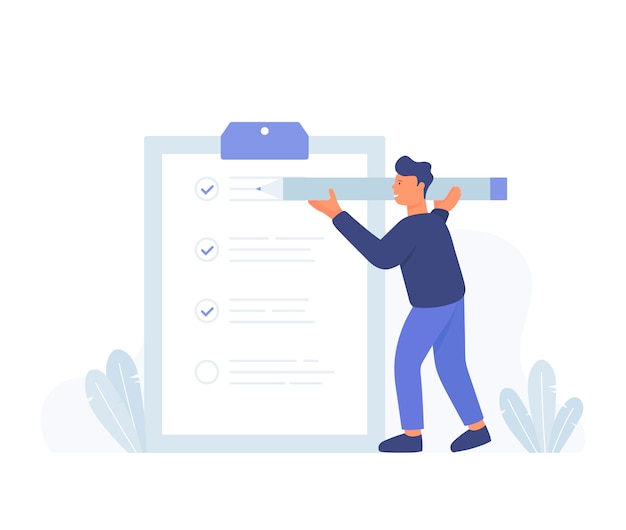 Vector hombre de negocios con un lápiz gigante en sus manos cerca marcada lista de verificación en un papel del portapapeles.