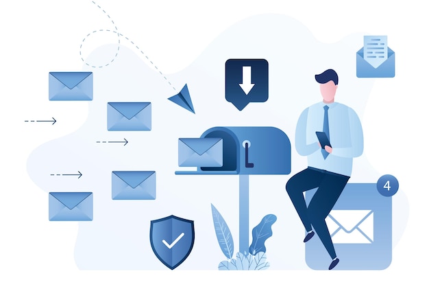El hombre de negocios lee el correo, el teléfono inteligente, el buzón de correo y recibe cartas, el empleado masculino recibe correo electrónico digital.