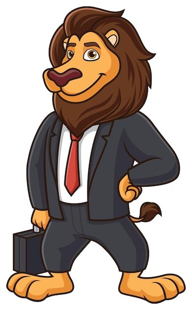 Un hombre de negocios león con un maletín. Ilustración de dibujos animados.