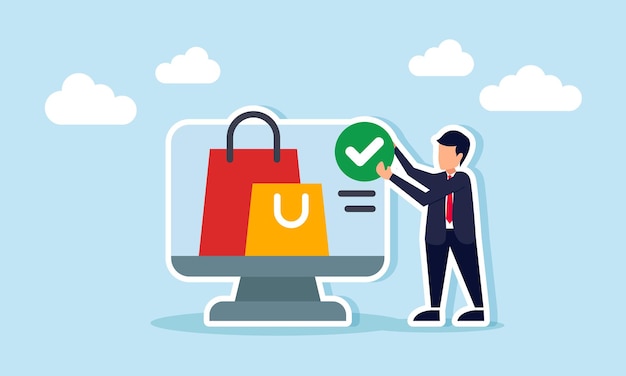 Un hombre de negocios con un letrero de marca de comprobación de pie al lado de un monitor que muestra una ilustración de bolsa de compras de un mercado verificado