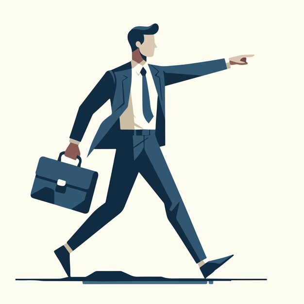 Vector un hombre de negocios llevando una bolsa y apuntando a todo el cuerpo en un estilo de diseño plano simple y minimalista