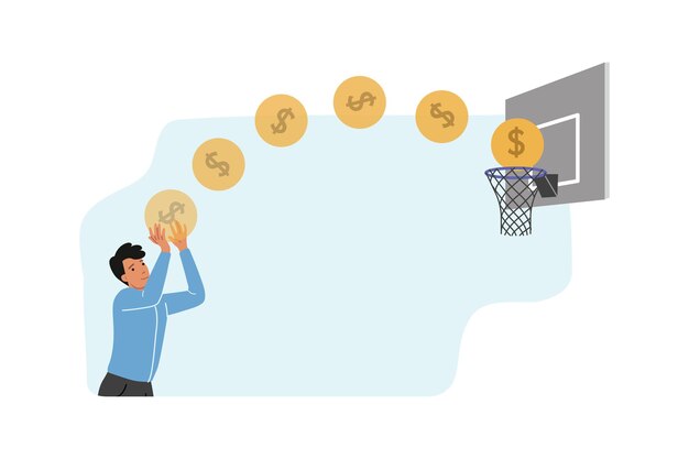 Hombre de negocios logrando su meta financiera lanzando monedas en el aro de baloncesto mostrando profesionalismo