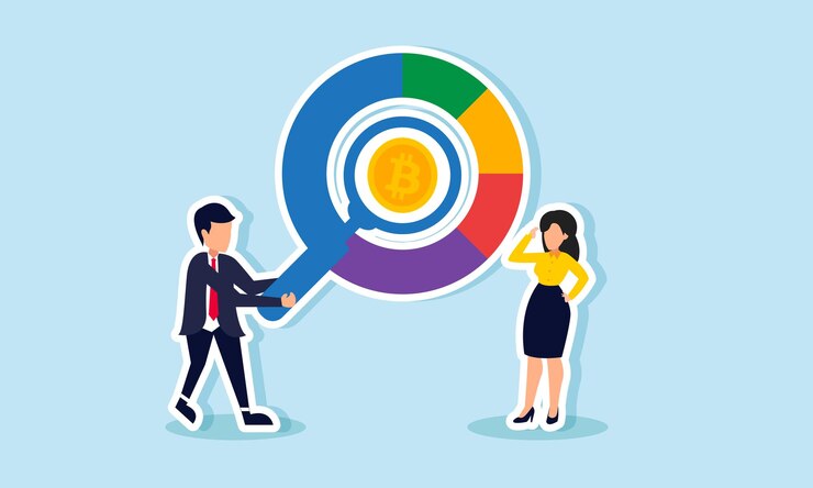 Vector un hombre de negocios con una lupa estudiando un diagrama circular marcado con bitcoin junto a una mujer de negocios que ilustra el análisis del rendimiento de los activos de inversión de bitcoin