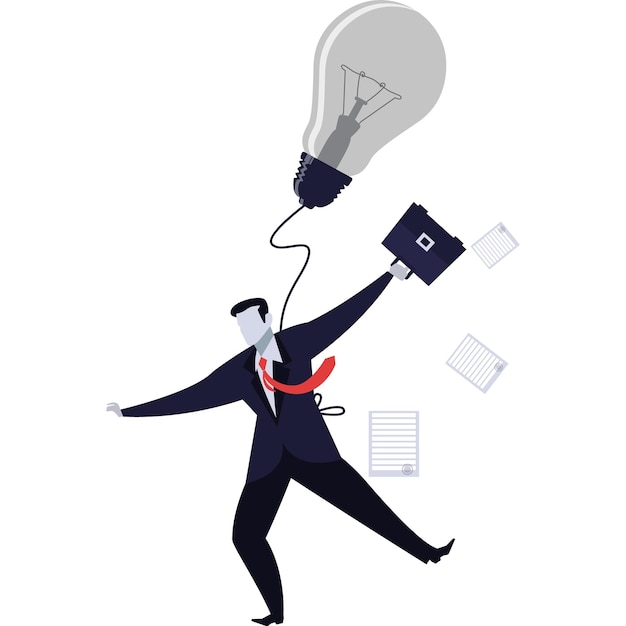 Hombre de negocios con maletas manteniendo el equilibrio unido al icono de la lámpara de bombilla Funambulista caminando en cuerda estirada vector Concepto de éxito de éxito de negocio