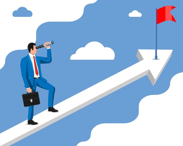Hombre de negocios con maletín en busca de oportunidades en el catalejo El hombre de negocios mira hacia el objetivo en la escalera del gráfico Logro de éxito Visión empresarial Objetivo de carrera Ilustración de vector plano
