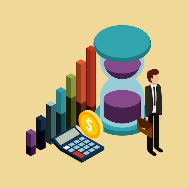 Hombre de negocios con maletín tiempo dinero gráfico y calculadora