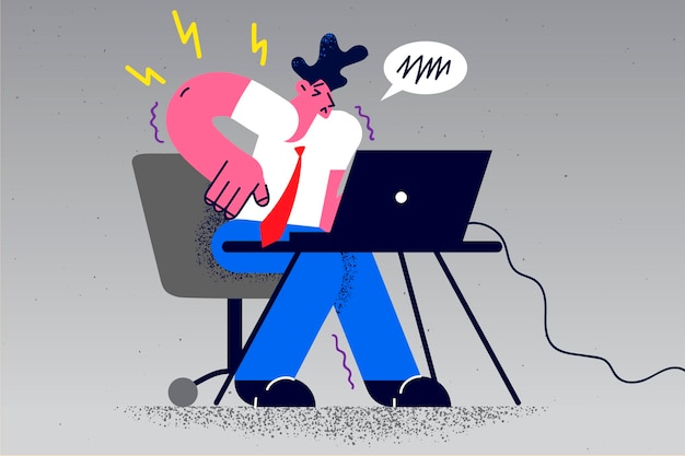 Un hombre de negocios malsano sentado en el trabajo de escritorio en la computadora sufre de dolor de espalda por una postura incorrecta. El empleado masculino enfermo tiene espasmos en la espalda o inflamación de los nervios. Trabajo sedentario. ilustración vectorial