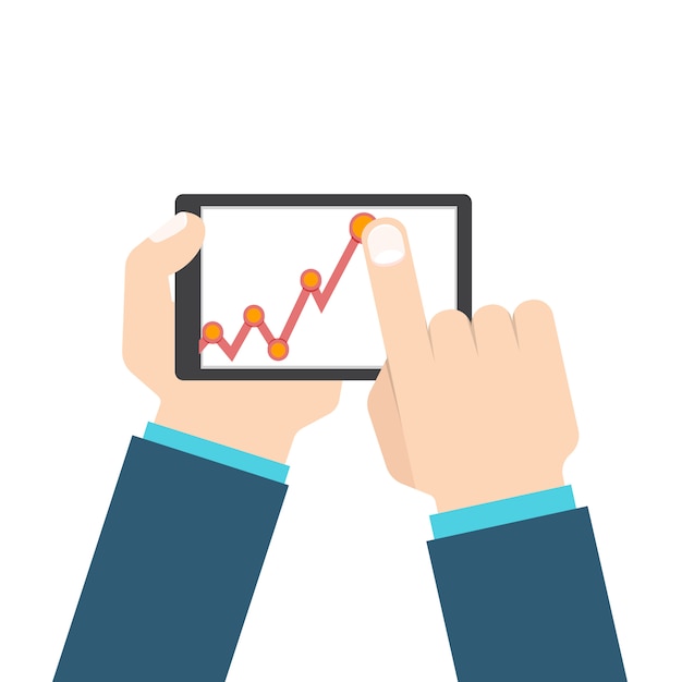 Hombre de negocios de la mano con tableta en gráfico de crecimiento de ganancias.