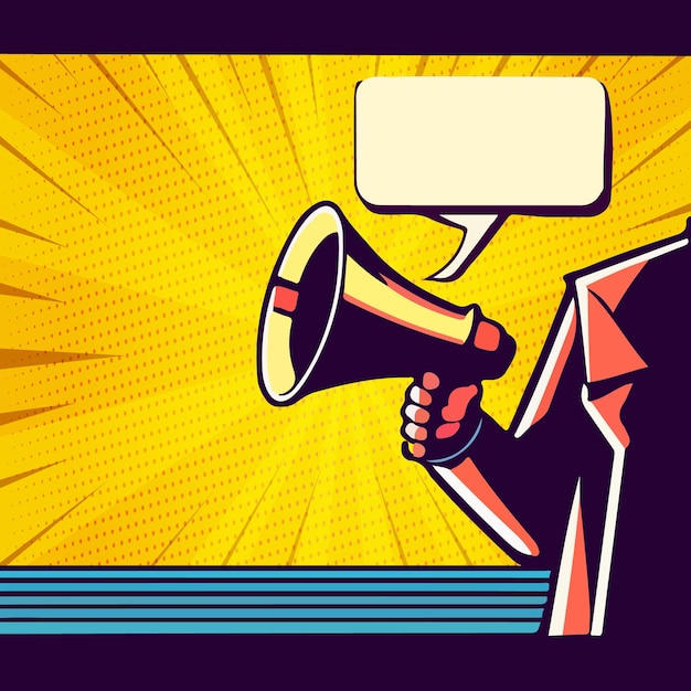 hombre de negocios, mano, tenencia, un, megáfono, arte pop, retro, vector, vendimia, kitsch, ilustración, dibujo