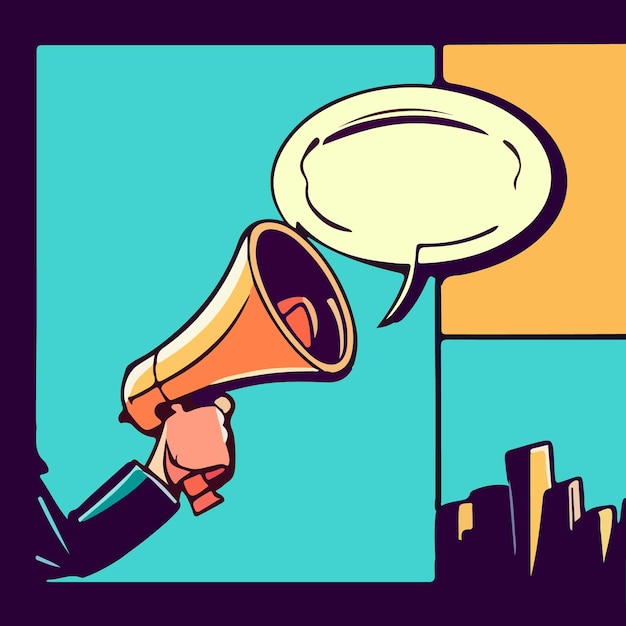 hombre de negocios, mano, tenencia, un, megáfono, arte pop, retro, vector, vendimia, kitsch, ilustración, dibujo