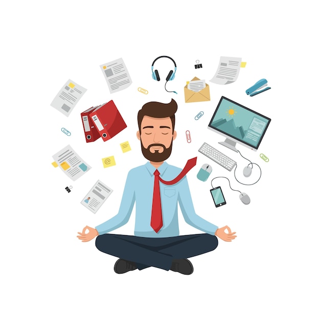 Un hombre de negocios meditando en medio del caos de la oficina Ilustración para aliviar el estrés