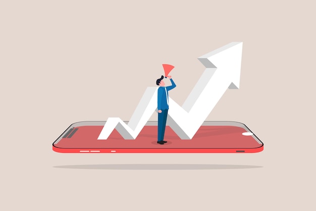 Hombre de negocios con megáfono sonando para obtener ganancias Crecimiento del mercado financiero El concepto de éxito Crecimiento financiero
