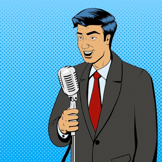 hombre de negocios, con, micrófono, arte pop, vector