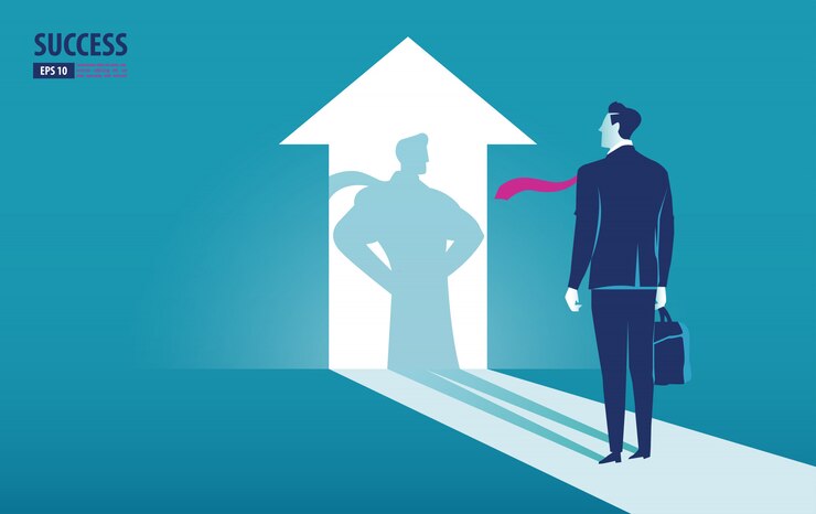 Vector el hombre de negocios mira su sombra y contempla el superhéroe y el poder.