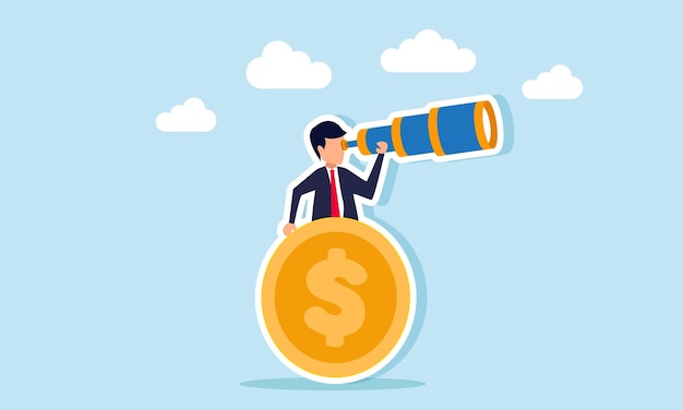 Un hombre de negocios mira a través de una ilustración de moneda de un dólar para monitorear los movimientos de valoración del dólar