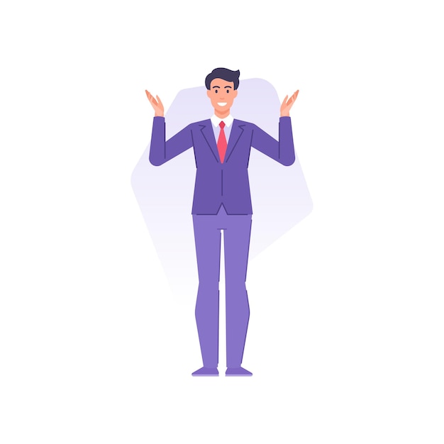 El hombre de negocios de moda del desconcierto que realiza el gesto no sabe con la ilustración del vector del levantamiento de las manos