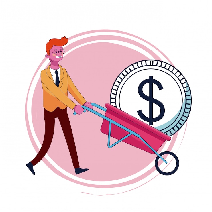 Vector hombre de negocios, con, moneda, en, carretilla
