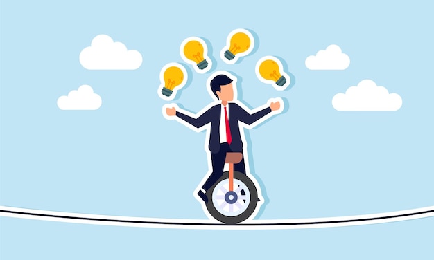 Un hombre de negocios monta un monociclo en una cuerda estrecha mientras hace malabarismos con varias bombillas ilustración de tomar decisiones de riesgo en elegir las ideas e innovaciones comerciales correctas