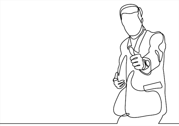 El hombre de negocios muestra el dibujo de línea continua con el pulgar hacia arriba