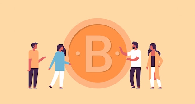 Hombre de negocios mujer minería bitcoin crypto moneda concepto plano horizontal