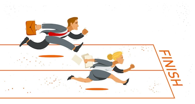 El hombre de negocios y la mujer de negocios corren para terminar la ilustración vectorial, el concepto de carrera y la competencia de éxito en el trabajo y los negocios, el líder ganador del hombre y la mujer.