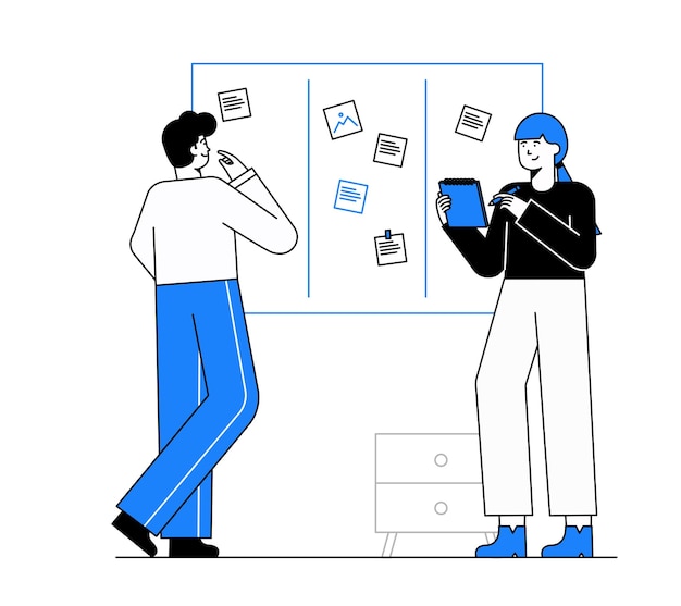 Un hombre de negocios y una mujer de negocios discutiendo en la pizarra Ilustración vectorial