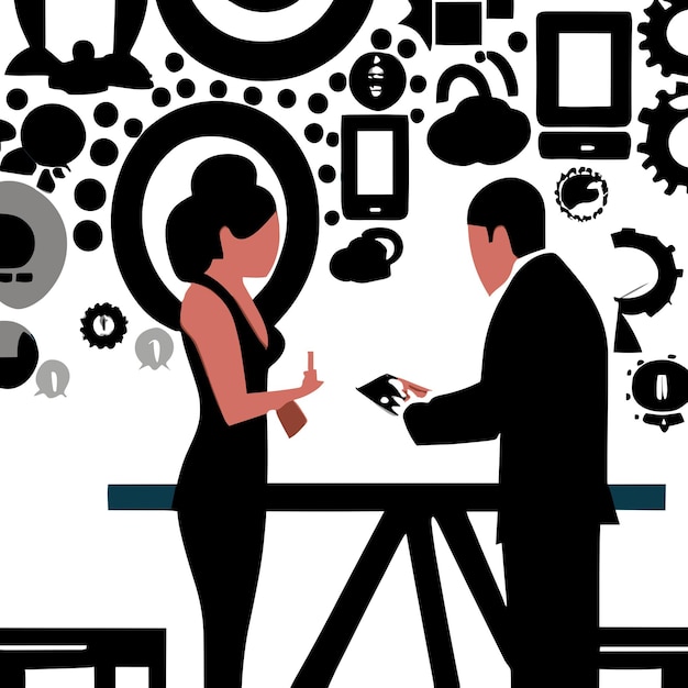 Un hombre de negocios y una mujer de negocios discutiendo sobre negocios ilustración en blanco y negro ai generativo